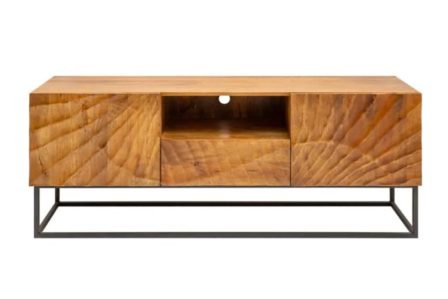 Meuble tv SCORPION 160 cm – Bois de manguier sculpté 3D, piètement noir