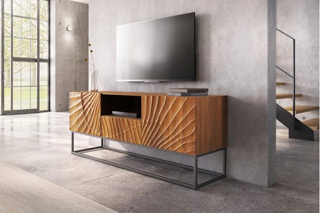 Meuble tv SCORPION 160 cm – Bois de manguier sculpté 3D, piètement noir