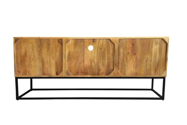 Meuble tv SCORPION 160 cm – Bois de manguier sculpté 3D, piètement noir