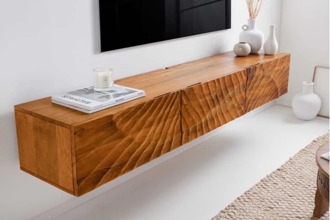 Meuble tv suspendu  SCORPION 160 cm – Bois massif de manguier brun, design suspendu