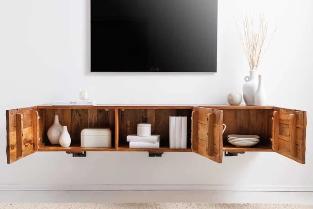 Meuble tv suspendu  SCORPION 160 cm – Bois massif de manguier brun, design suspendu