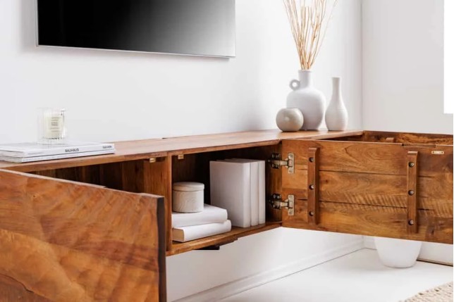 Meuble tv suspendu  SCORPION 160 cm – Bois massif de manguier brun, design suspendu