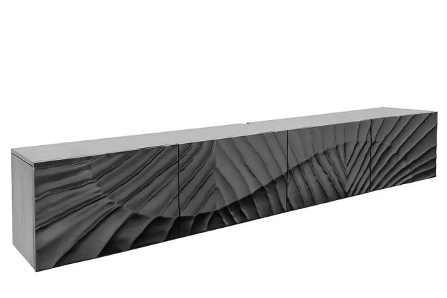 Meuble tv suspendu  SCORPION 200 cm – Bois massif de manguier noir, design suspendu sculpté 3D