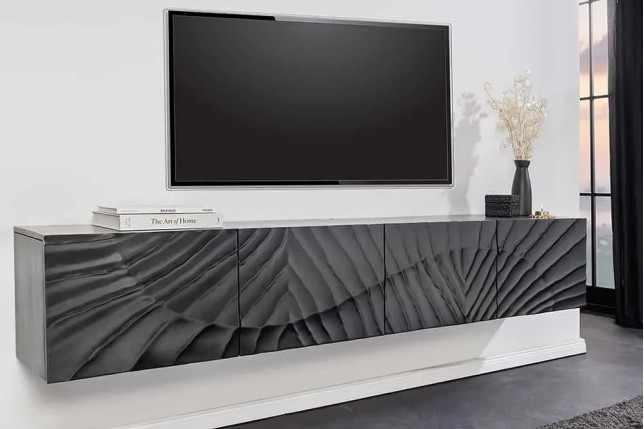 Meuble tv suspendu  SCORPION 200 cm – Bois massif de manguier noir, design suspendu sculpté 3D