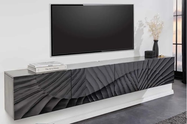 Meuble tv suspendu  SCORPION 200 cm – Bois massif de manguier noir, design suspendu sculpté 3D