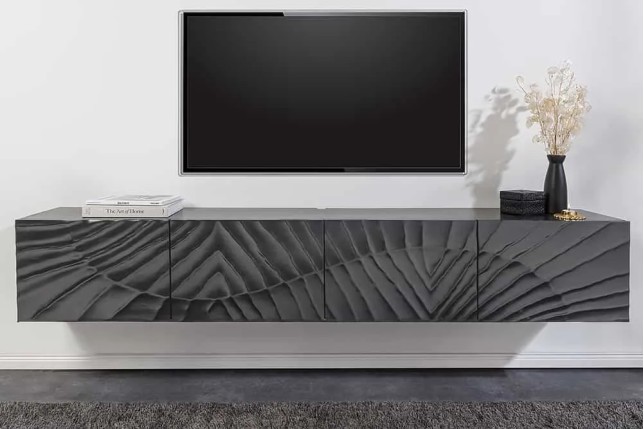 Meuble tv suspendu  SCORPION 200 cm – Bois massif de manguier noir, design suspendu sculpté 3D