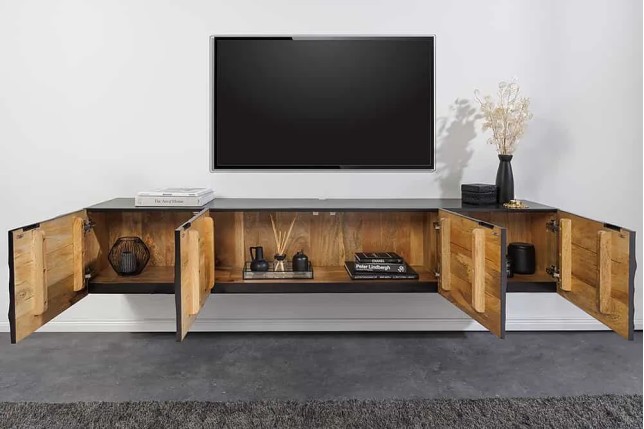 Meuble tv suspendu  SCORPION 200 cm – Bois massif de manguier noir, design suspendu sculpté 3D