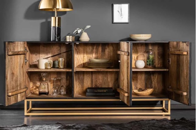 Buffet SCORPION 140 cm – Bois massif de manguier noir, sculpté à la main, piètement doré