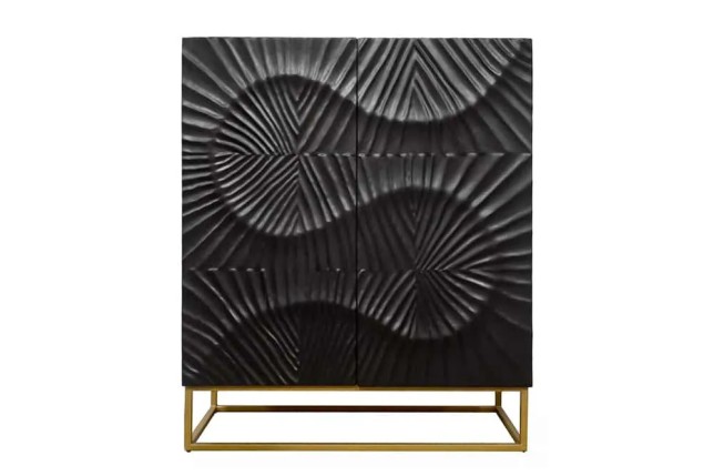 Buffet haut SCORPION 120 cm – Bois massif de manguier noir sculpté à la main, piètement doré