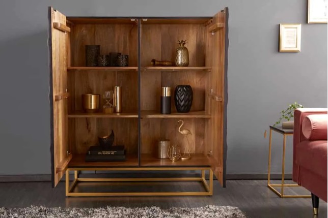 Buffet haut SCORPION 120 cm – Bois massif de manguier noir sculpté à la main, piètement doré
