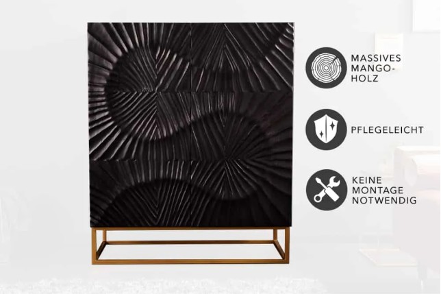 Buffet haut SCORPION 120 cm – Bois massif de manguier noir sculpté à la main, piètement doré