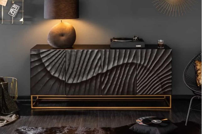 Buffet SCORPION 177 cm – Bois massif de manguier noir sculpté à la main, piètement doré