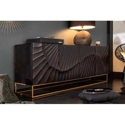 Buffet SCORPION 177 cm – Bois massif de manguier noir sculpté à la main, piètement doré 2