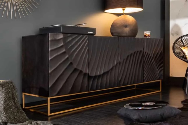 Buffet SCORPION 177 cm – Bois massif de manguier noir sculpté à la main, piètement doré