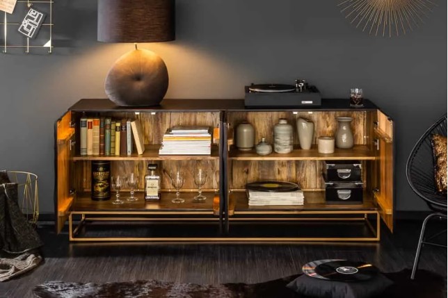 Buffet SCORPION 177 cm – Bois massif de manguier noir sculpté à la main, piètement doré