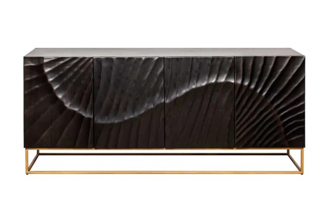 Buffet SCORPION 177 cm – Bois massif de manguier noir sculpté à la main, piètement doré