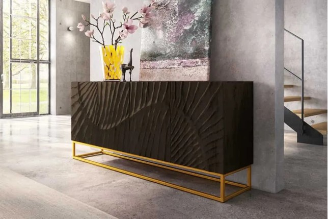 Buffet SCORPION 177 cm – Bois massif de manguier noir sculpté à la main, piètement doré