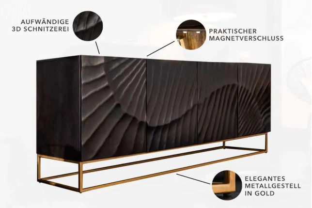 Buffet SCORPION 177 cm – Bois massif de manguier noir sculpté à la main, piètement doré