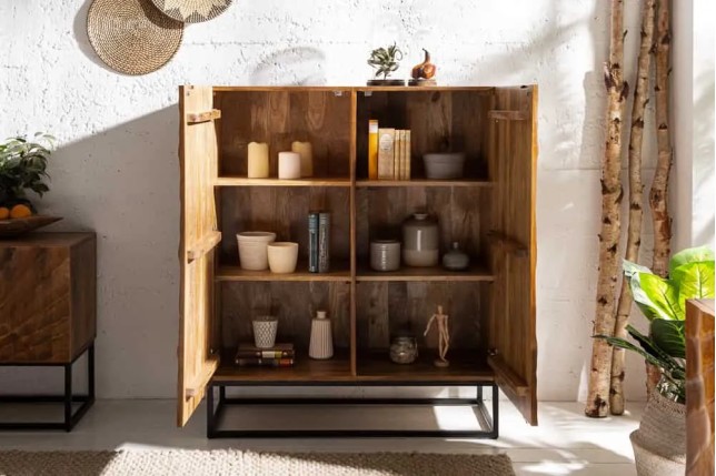Buffet haut SCORPION 120 cm – Bois massif de manguier brun sculpté à la main, piètement noir