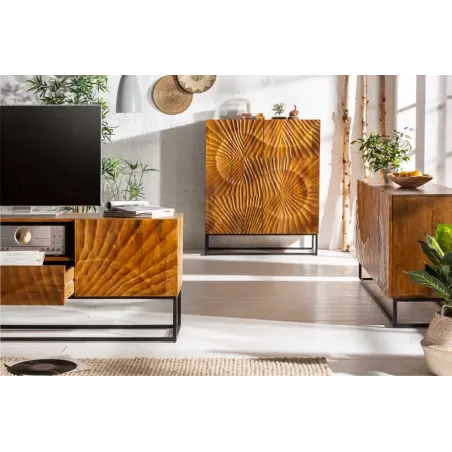 Buffet haut SCORPION 120 cm – Bois massif de manguier brun sculpté à la main, piètement noir