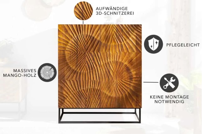 Buffet haut SCORPION 120 cm – Bois massif de manguier brun sculpté à la main, piètement noir