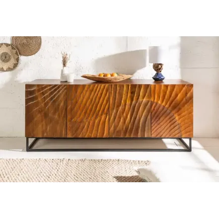 Buffet SCORPION 180 cm – Bois massif de manguier brun sculpté à la main, piètement noir 2
