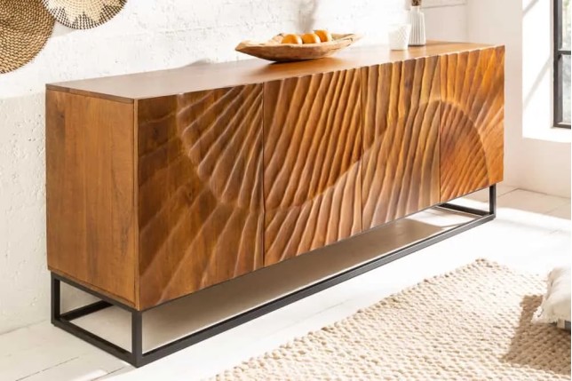 Buffet SCORPION 180 cm – Bois massif de manguier brun sculpté à la main, piètement noir