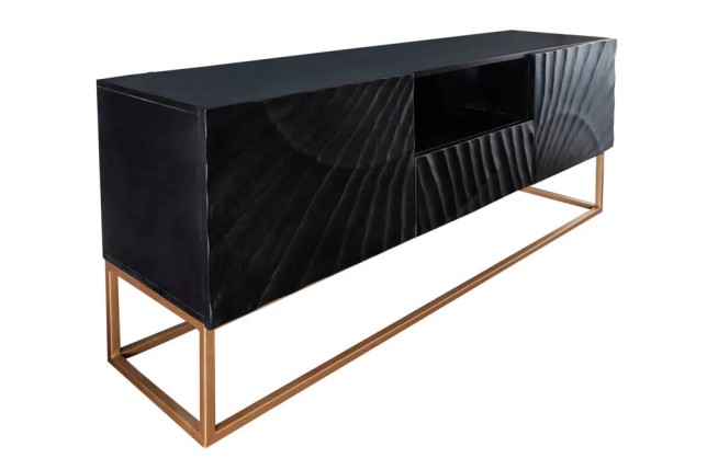 Meuble TV SCORPION 160 cm – Bois massif de manguier noir sculpté à la main, piètement doré