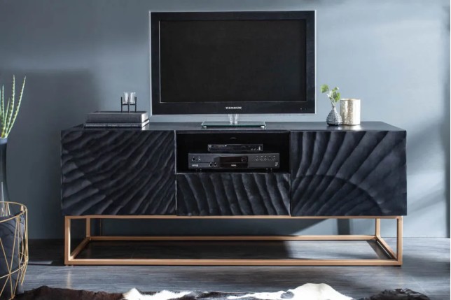 Meuble TV SCORPION 160 cm – Bois massif de manguier noir sculpté à la main, piètement doré