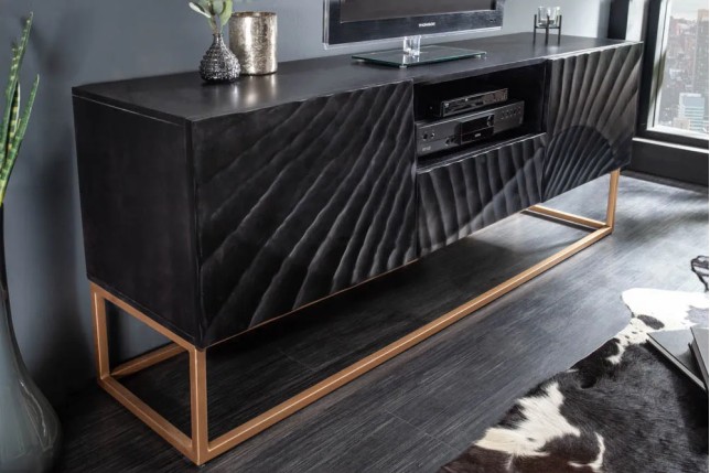 Meuble TV SCORPION 160 cm – Bois massif de manguier noir sculpté à la main, piètement doré