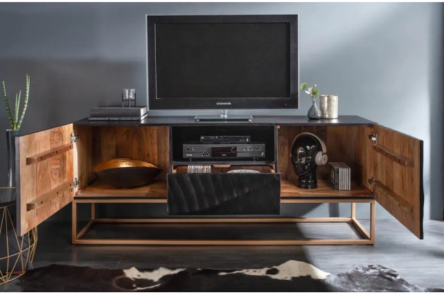 Meuble TV SCORPION 160 cm – Bois massif de manguier noir sculpté à la main, piètement doré