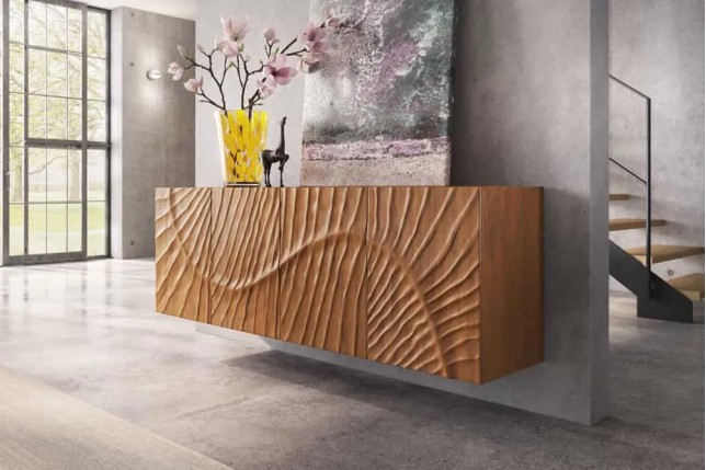 Buffet mural SCORPION 180 cm – Bois massif de manguier brun, façade 3D sculptée à la main