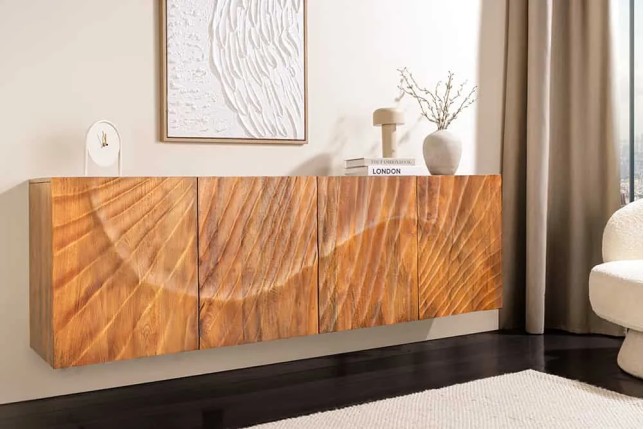Buffet mural SCORPION 180 cm – Bois massif de manguier brun, façade 3D sculptée à la main
