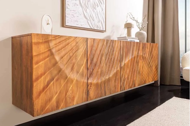 Buffet mural SCORPION 180 cm – Bois massif de manguier brun, façade 3D sculptée à la main