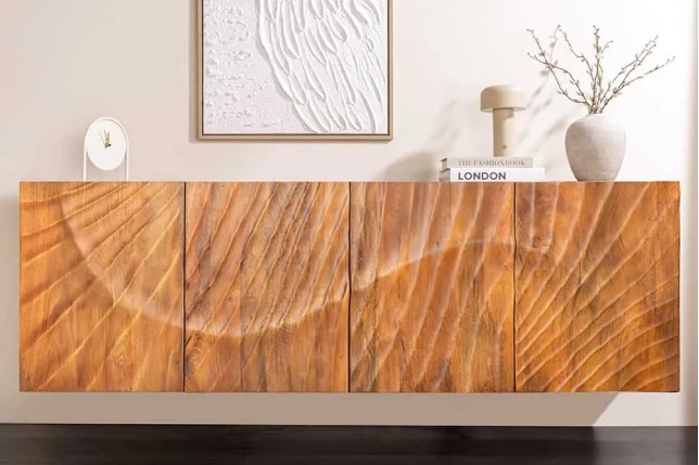 Buffet mural SCORPION 180 cm – Bois massif de manguier brun, façade 3D sculptée à la main