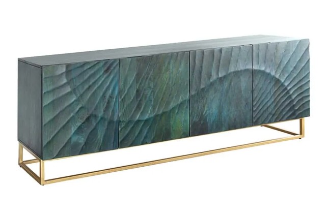 Buffet SCORPION 180 cm – Bois massif de manguier turquoise, détails dorés et façade 3D sculptée