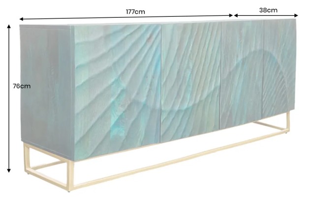 Buffet SCORPION 180 cm – Bois massif de manguier turquoise, détails dorés et façade 3D sculptée