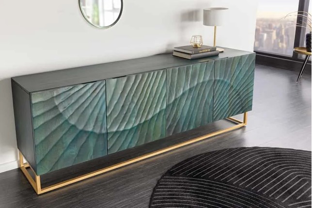 Buffet SCORPION 180 cm – Bois massif de manguier turquoise, détails dorés et façade 3D sculptée