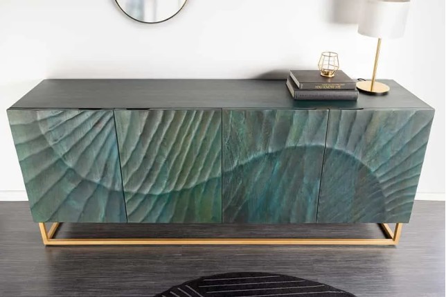 Buffet SCORPION 180 cm – Bois massif de manguier turquoise, détails dorés et façade 3D sculptée