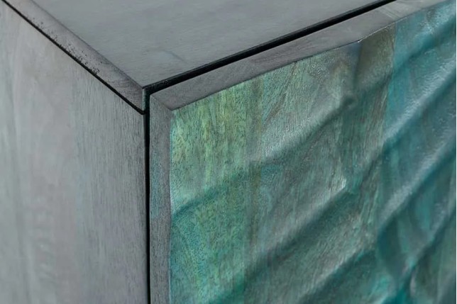 Buffet SCORPION 180 cm – Bois massif de manguier turquoise, détails dorés et façade 3D sculptée