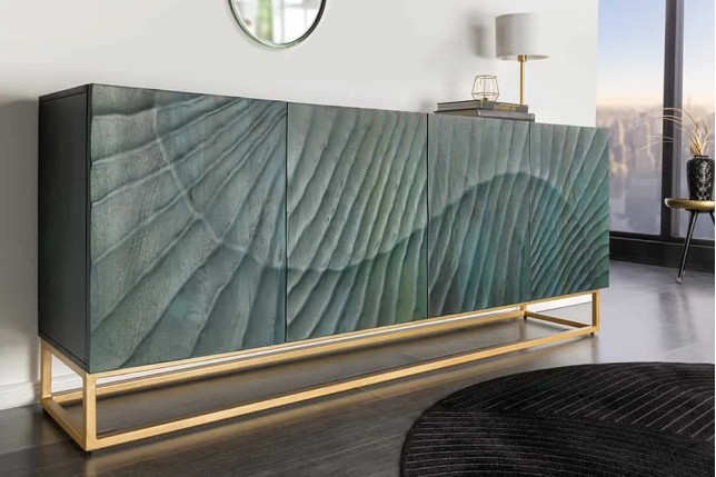 Buffet SCORPION 180 cm – Bois massif de manguier turquoise, détails dorés et façade 3D sculptée