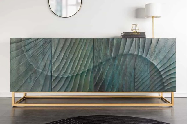 Buffet SCORPION 180 cm – Bois massif de manguier turquoise, détails dorés et façade 3D sculptée