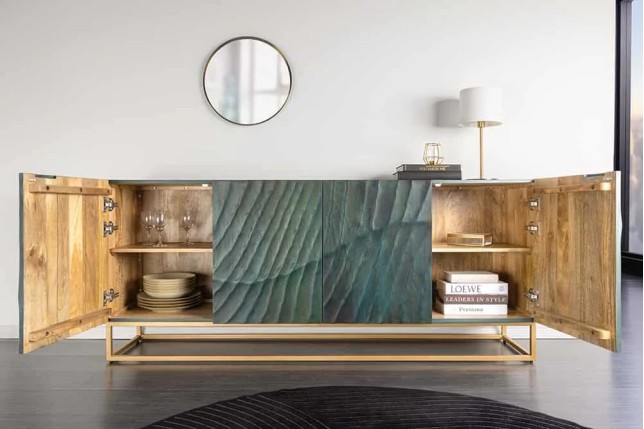 Buffet SCORPION 180 cm – Bois massif de manguier turquoise, détails dorés et façade 3D sculptée