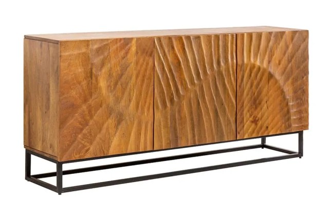 Buffet SCORPION 140 cm – Bois massif de manguier brun, piètement métal noir, façades sculptées 3D