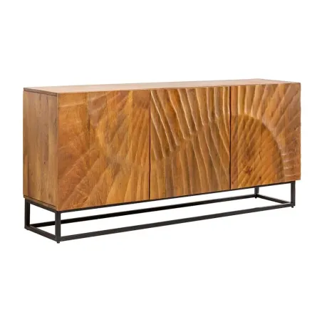 Buffet SCORPION 140 cm – Bois massif de manguier brun, piètement métal noir, façades sculptées 3D