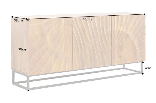 Buffet SCORPION 140 cm – Bois massif de manguier brun, piètement métal noir, façades sculptées 3D