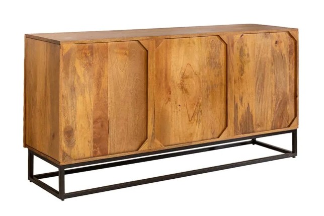 Buffet SCORPION 140 cm – Bois massif de manguier brun, piètement métal noir, façades sculptées 3D