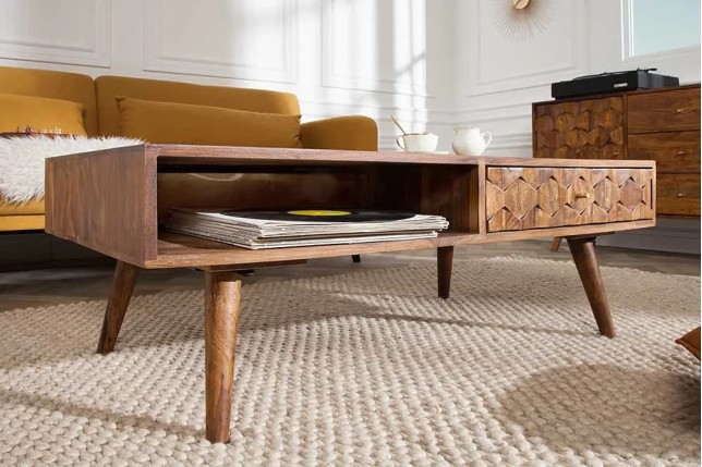 Table basse en bois massif Sheesham MYSTIC salon – 100 cm, finition stone, avec rangements