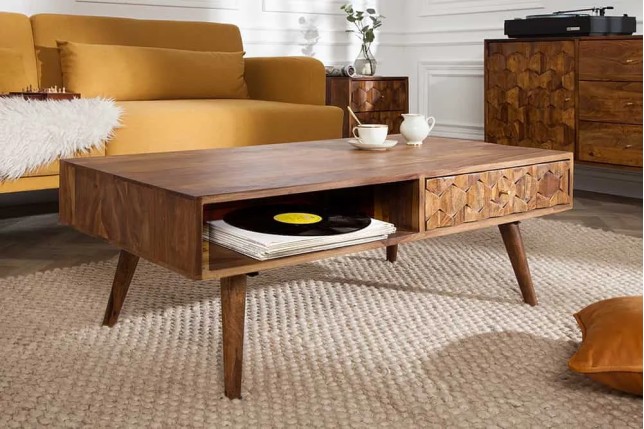Table basse en bois massif Sheesham MYSTIC salon – 100 cm, finition stone, avec rangements