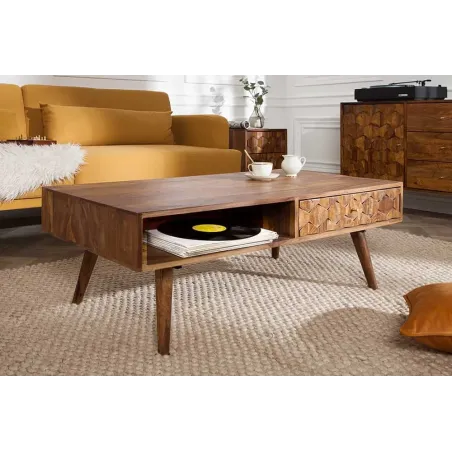 Table basse en bois massif Sheesham MYSTIC salon – 100 cm, finition stone, avec rangements